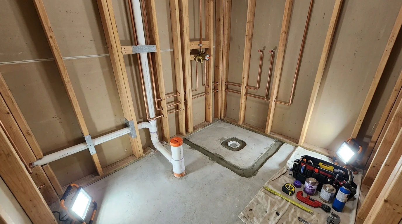 Bathroom rough-in plumbing during remodel by Johns Plumbing LLC in Wisconsin Rapids