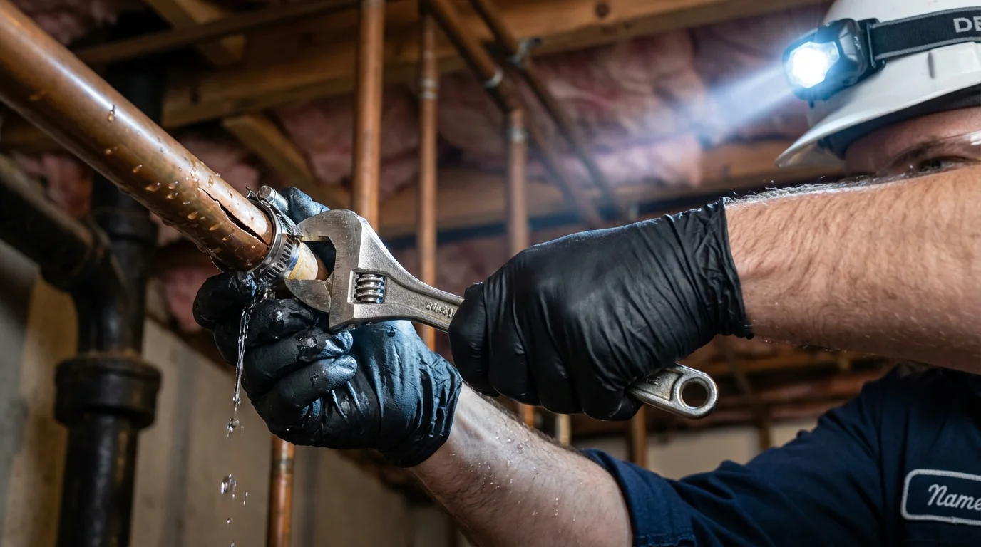 Emergency pipe clamp repair being performed by a Johns Plumbing LLC plumber in Wisconsin Rapids