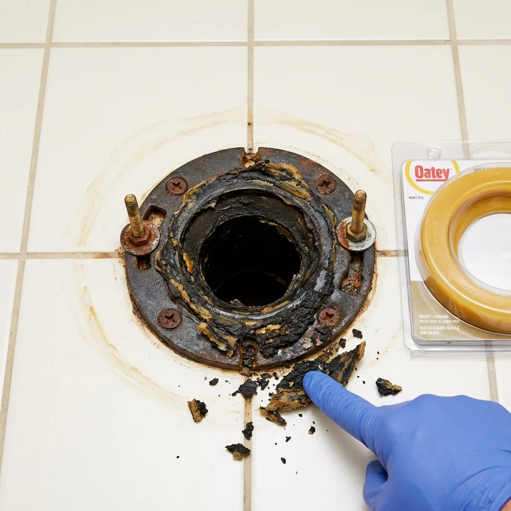 Failed wax ring showing water seepage at the base of a toilet in a Wisconsin Rapids, WI home