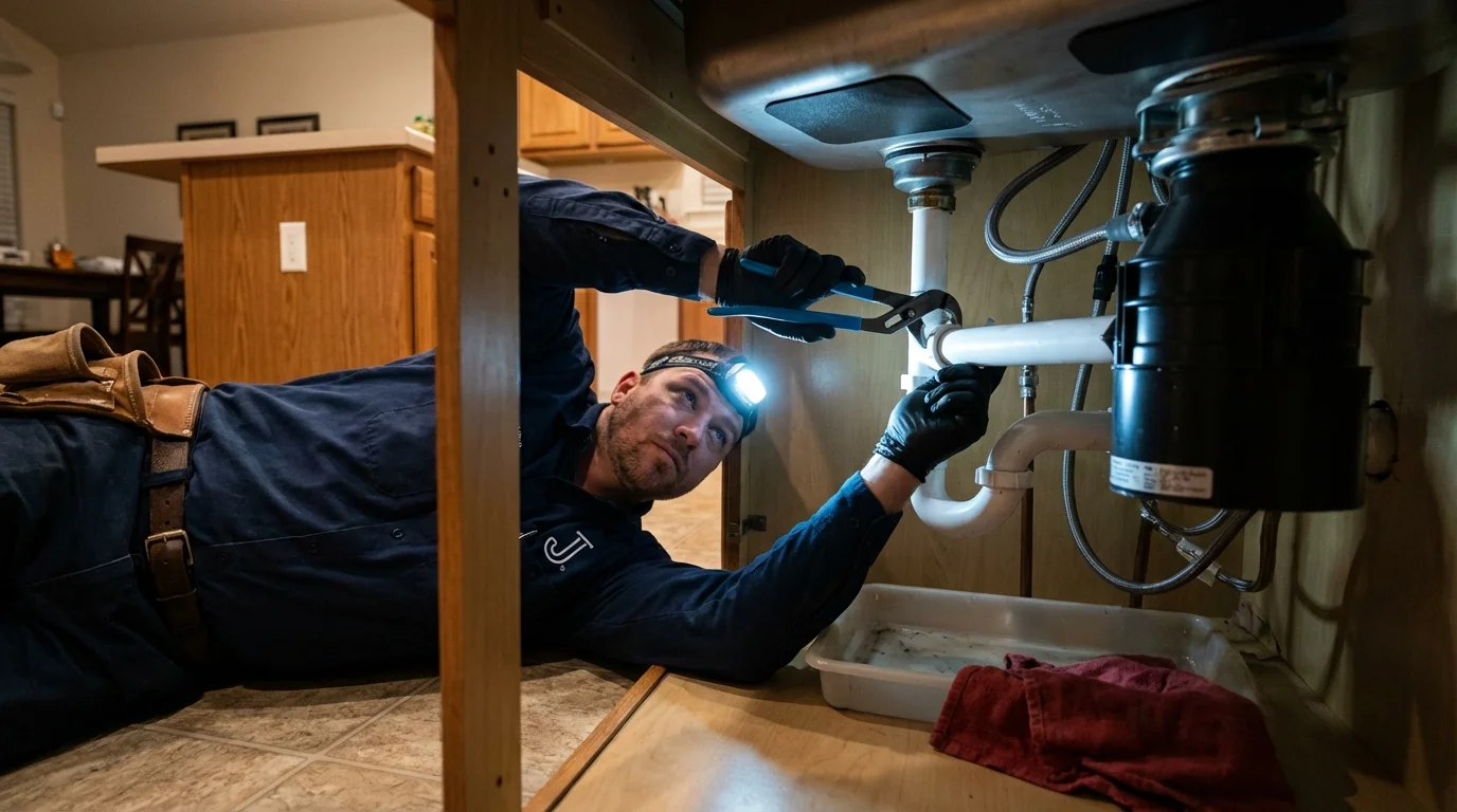 P-trap and supply line connections under a kitchen sink showing a common leak point in Wisconsin Rapids, WI